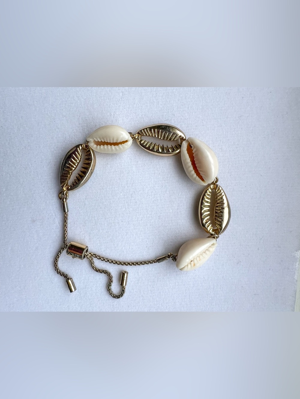J. Crew Gold and Cream Cowrie Shell Slider Bracelet w/Pouch Adjust. Length to 7"